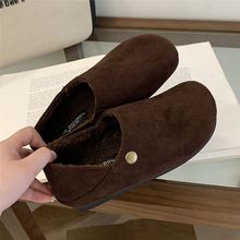 秋冬加绒保暖棉鞋女踩跟一脚蹬懒人鞋森系复古勃肯鞋棕色小皮鞋女