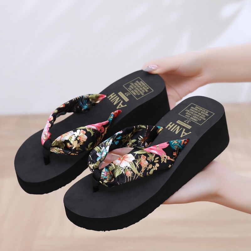 Summer Flip-flops Women's Bohemian Satin Cloth with Casual High-heel Beach Women's Slippers Ethnic Style Slippers