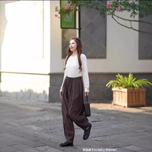秋季新款百搭款砂洗加厚麻丝万能腰腰间抽绳设计纯色双层小灯笼裤