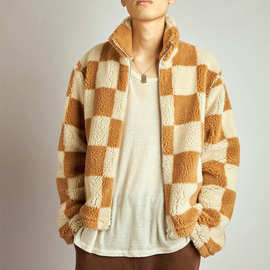 欧美独立站新款新款仿羊羔毛潮流方格上衣毛绒立领宽松外套男