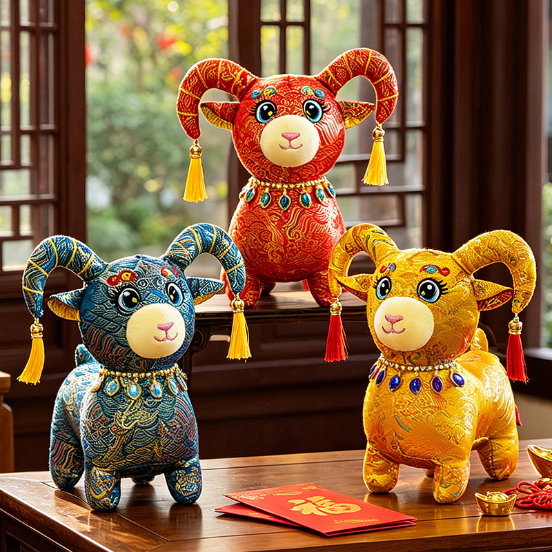 Traditional Chinese style silk satin sheep mascot plush toy, Chinese zodiac sheep doll, New Year gift for company events