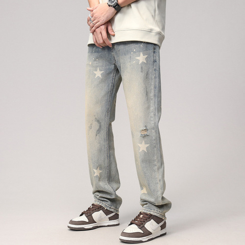 Spring and summer new jeans men's straight-leg yellow mud-dyed washed holes ins trendy American high street pants