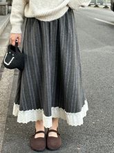 山力达迪新蕾丝花边文艺半身裙毛呢森女秋冬高腰复古显瘦百搭拼接