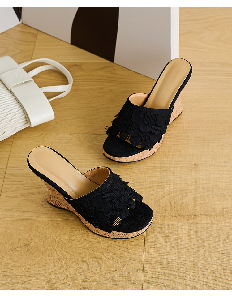 Sandal cao gót nữ hở mũi quai ngang đế xuồng 11cm kèm tua rua — màu nâu, màu đen, Ánh sáng Apricot chi tiết 22
