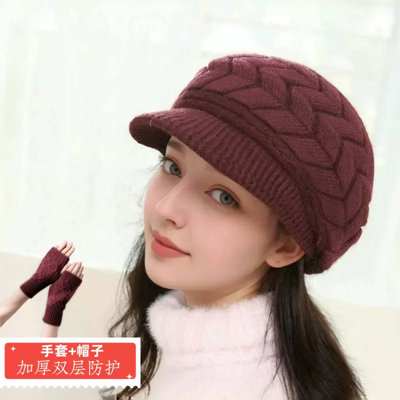 跨境秋冬时尚百搭纯色贝雷帽子套装中老年人女加绒加厚针织毛线帽