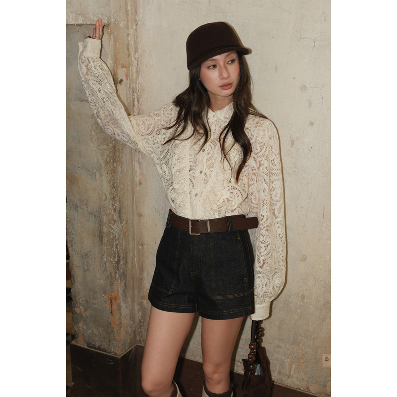 【Special Offer, No Returns or Exchanges】Original 168Neihe French-Style Lace See-Through Long-Sleeve Shirt with Ruffled Edges 257372