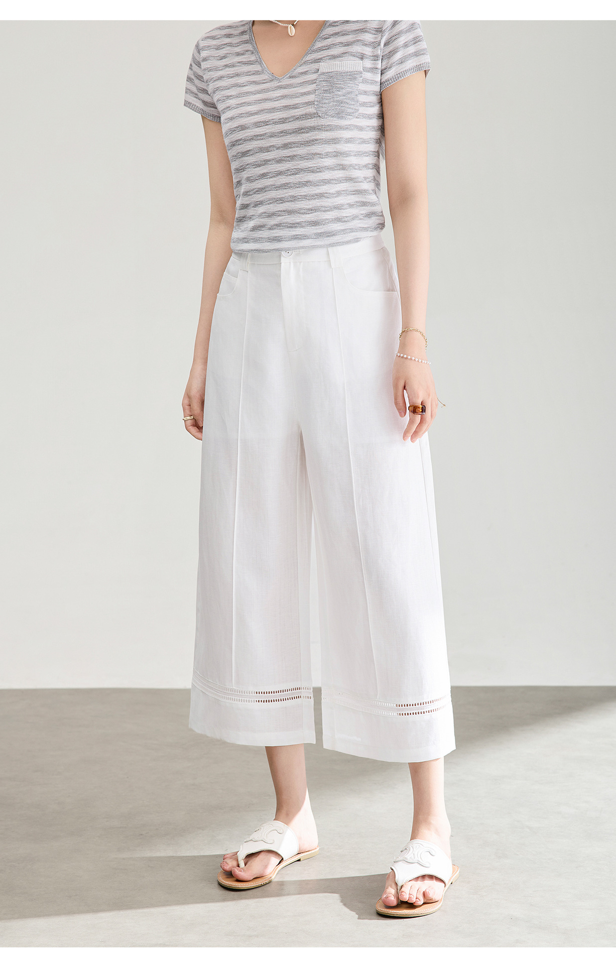 Quần culottes nữ ống rộng dáng dài 9 phần, chất liệu sợi gai dầu mỏng nhẹ mùa hè — màu xanh navy chi tiết 20