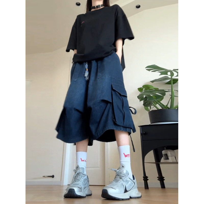 American High Street Retro Washed Large Pocket Wide-Leg Cropped Denim Shorts for Women, Summer Trendy Versatile Loose Shorts