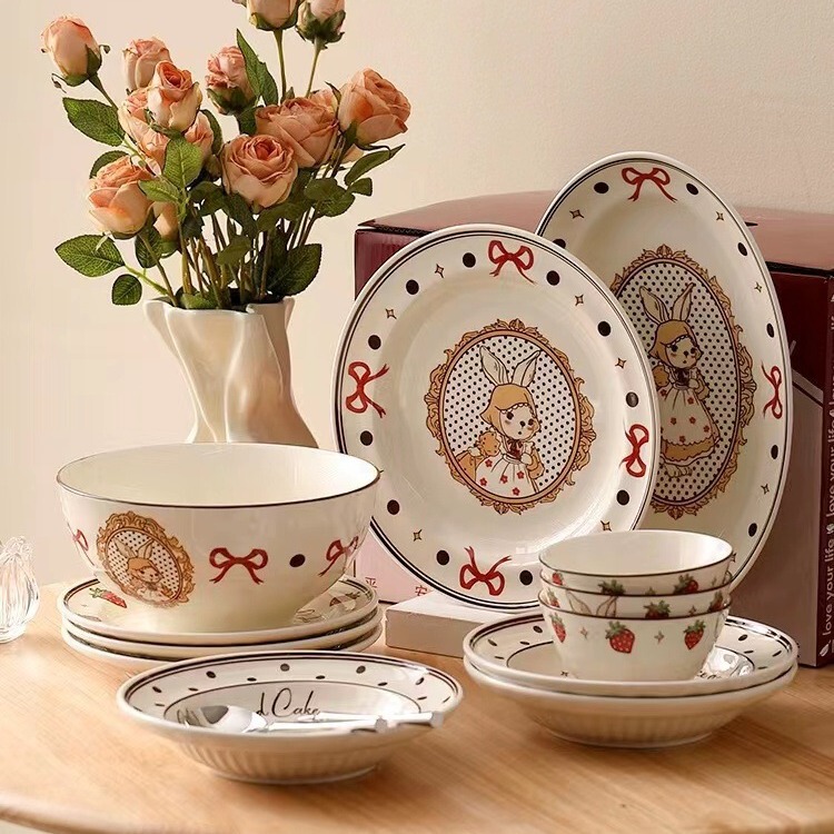 Brown rabbit French retro pastoral style ceramic household tableware cute Bowl plate suit rice bowl disc fish plate