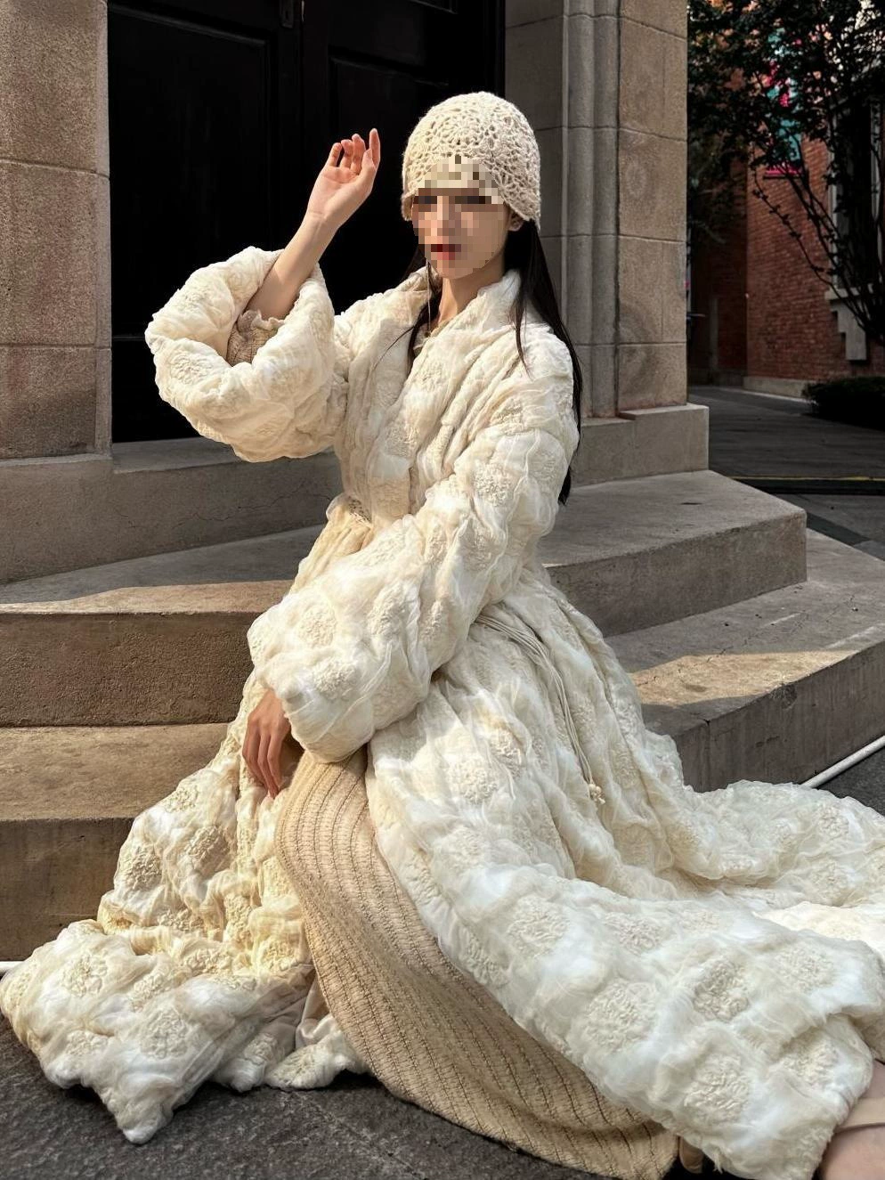 Хлопковая одежда с рукавами фонаря женская зимняя тяжелая промышленность вышитая тюль трехмерная цветочная талия длинная хлопчатобумажная одежда толстая теплая куртка прилив