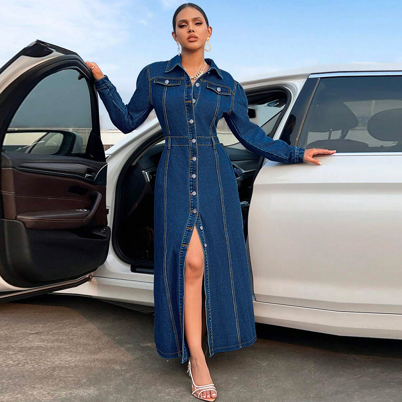 708g Weight Maxi Long Dress Dress Length Type Long Sleeve Sleeve Length Denim Dress Dresses Type Cotton (more than 30%), Denim Fabric Type High Waist Waist Line Holiday, Street Occasion Turndown Neckline Slim Fit Type Solid Color Pattern Spring, Autumn Season Women's Gender Streetwear Style Wholesale Women's Streetwear Solid Color Holiday Street Turndown Long Sleeve Denim Dress 1