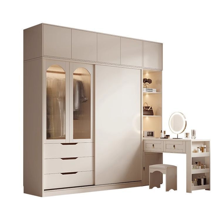Cream-Style Wardrobe with Desk and Dresser Integrated Combination for Home Bedroom, Available in Various Sizes, Solid Wood Sliding Door Closet