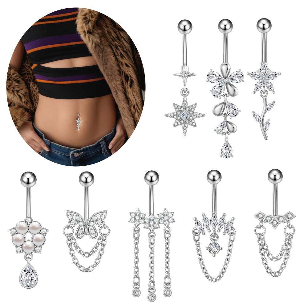 5g Weight Zircon Inlay Material Belly Ring Classification 1 Piece Quantity Casual, Bar Occasion 316 Stainless Steel Material Star, Flower, Butterfly Pattern All Seasons Season Unisex Gender Plating Design Hip-Hop, Simple Style, Cool Style Style 1 Piece 316 Stainless Steel Zircon Belly Rings Star Flower Butterfly Unisex 2