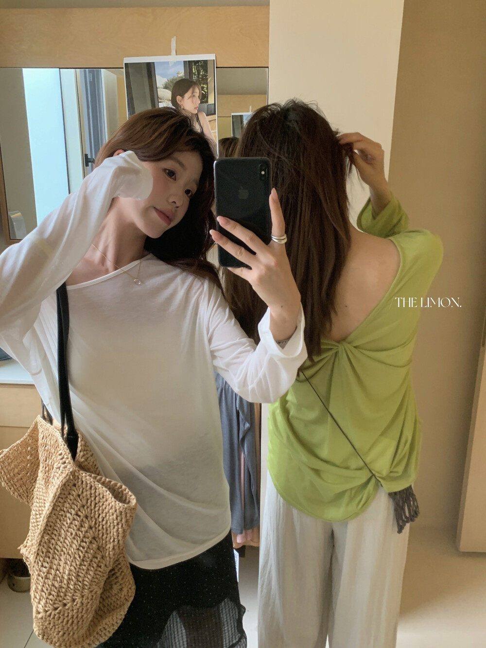 Áo thun nữ tay dài cổ V thiết kế xoắn nút, mặc hai kiểu, chống nắng, form rộng suông — màu hồng, màu cam, màu trắng, xanh lá cây chi tiết 10