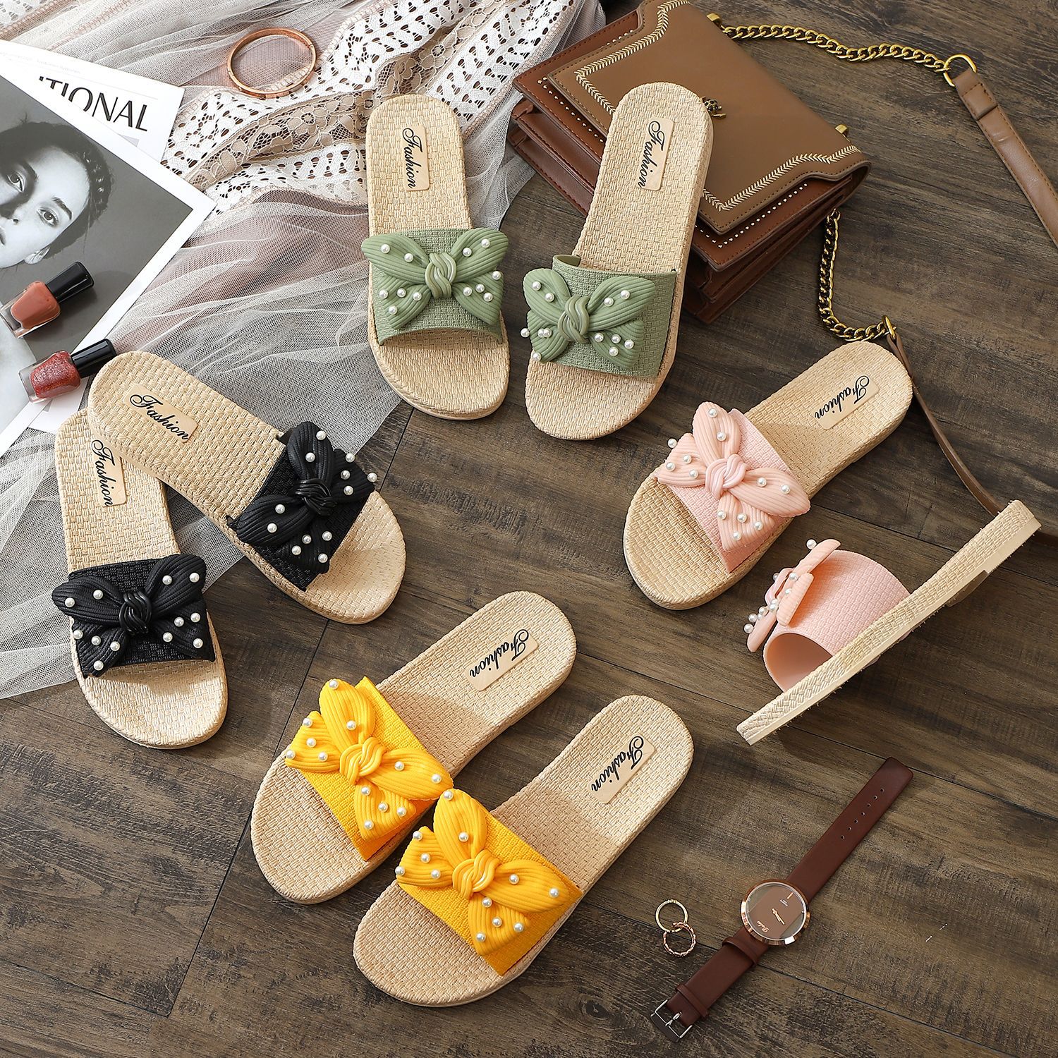 2021可愛簡約時尚淑女風珍珠糖果色蝴蝶結休閑外穿平底鞋涼鞋拖鞋
