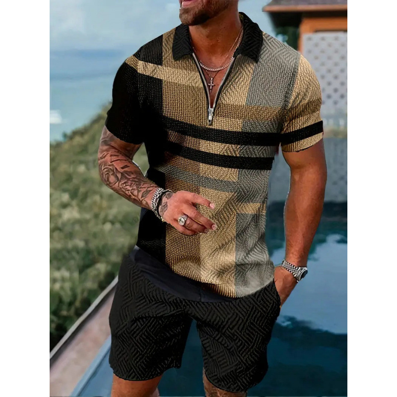 Zipper Polo Shirt and Shorts Set, Summer Fashion Casual Men's Sports Suit, 3D Printed Simple Style with a Turn-Down Collar