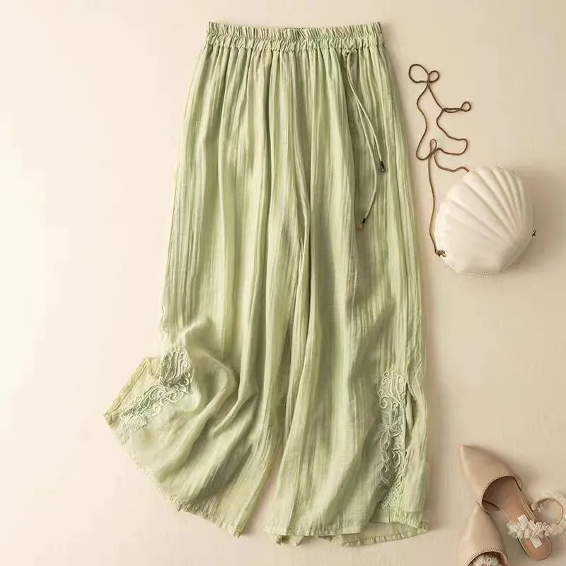 レトロ9点中国風刺繍綿とリネンの新しい女性用ワイドレッグパンツ夏薄い弾性文学カジュアルルーズスカート|undefined