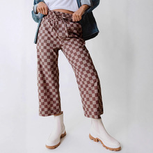 时颖格纹阔腿裤女宽松七分裤休闲高腰系带夏季新款欧美跨境女装