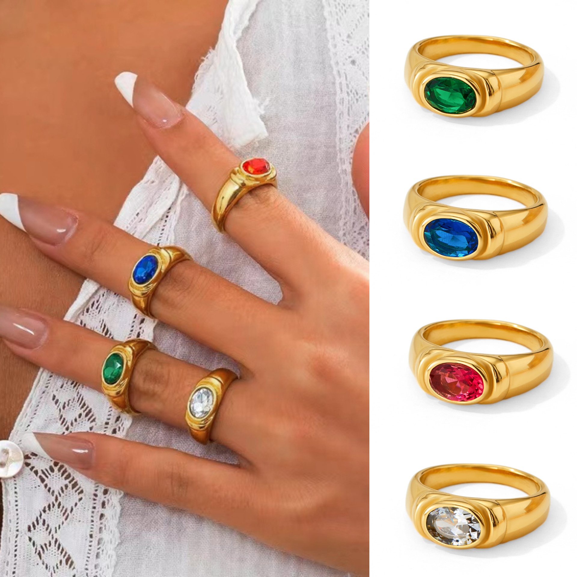 Populaire Europees-Amerikaanse retrostijl blauwgroene zirkonia ringen met een luxe uitstraling, gemaakt van roestvrij staal._voghion.com