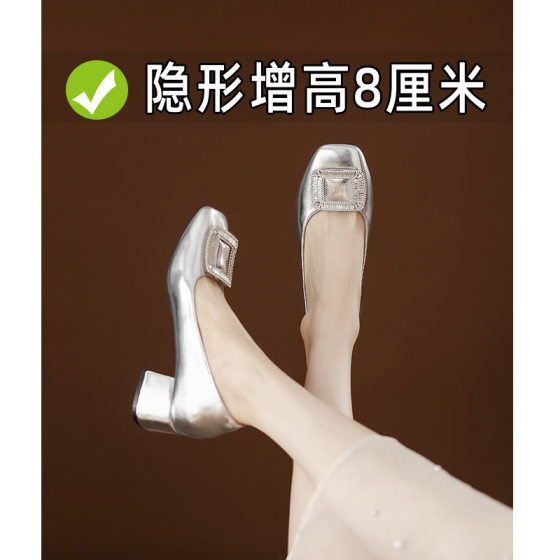 Mary Jane Shoes High-rise Romantic French Retro Shallow Mouth Shoes Summer Women's Gentle Style Leather Shoes with silver