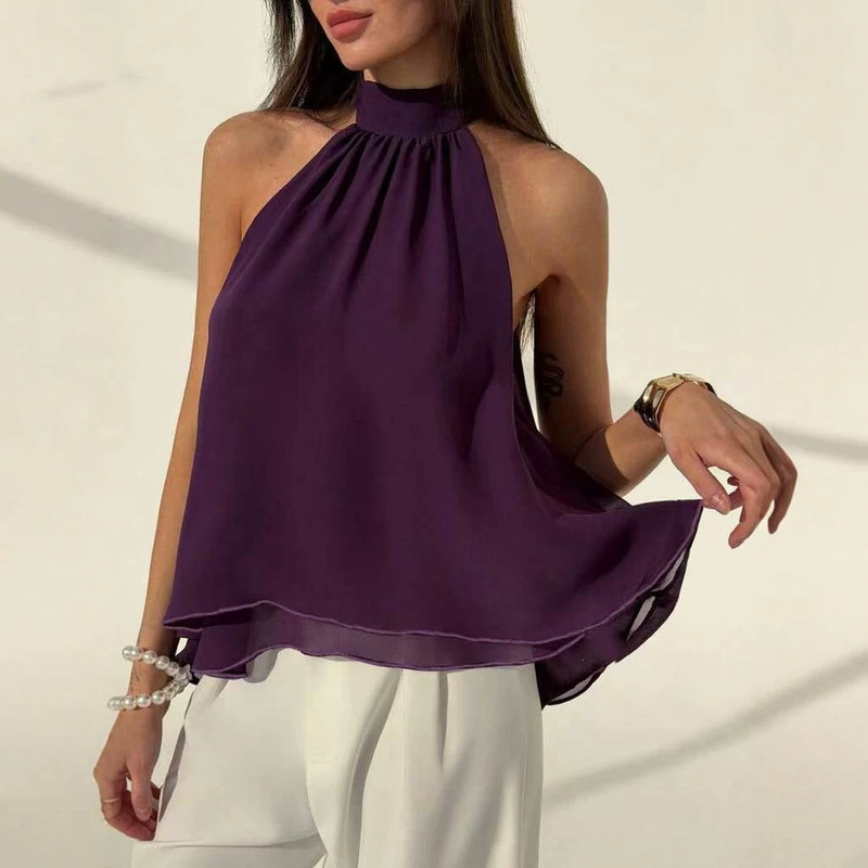 European and American cross-border bestseller: Women's summer casual double-layer chiffon shirt with back tie and stand-up collar, available on independent e-commerce sites and AliExpress