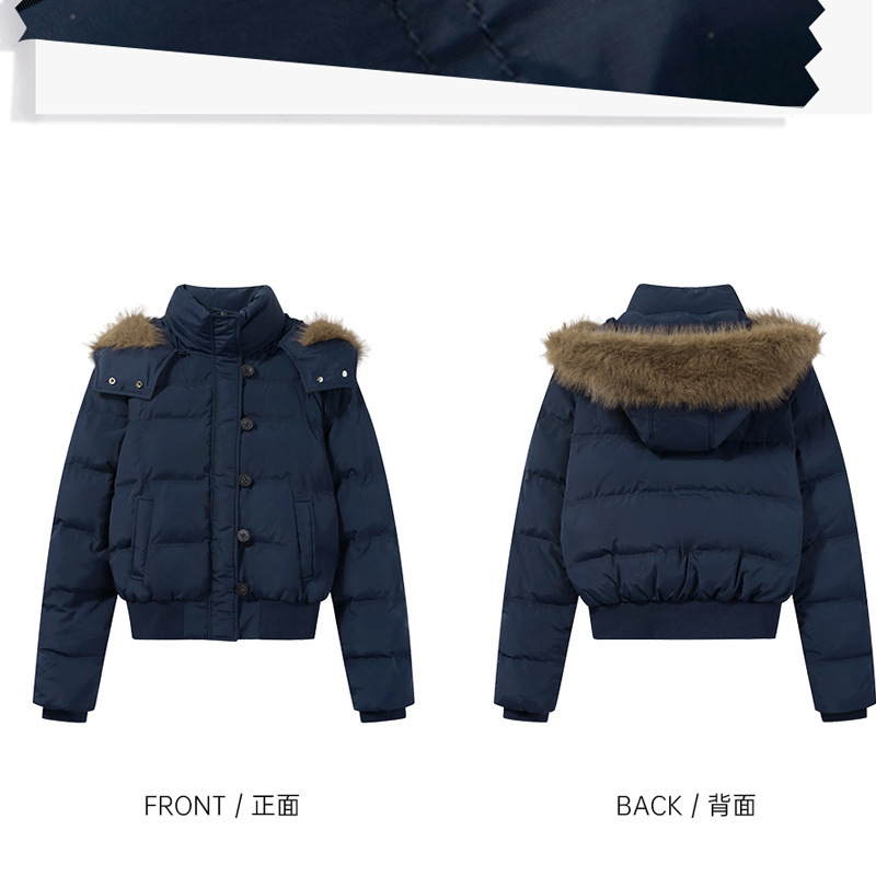 藏青可脱卸帽毛领棉服外套女2025冬季新款宽松显瘦短款羽绒棉衣|undefined