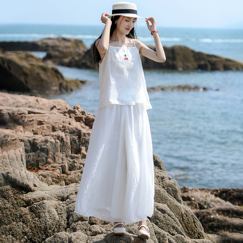 Cotton and linen women's clothing 2024 new sling women's summer linen embroidered inner solid color outer sleeveless top wholesale