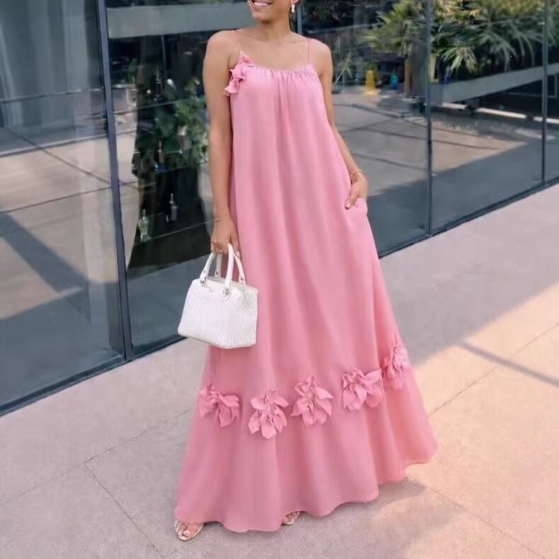 2026 Spring/Summer European and American Cross-Border Amazon Strapless Loose-Fitting Solid Color 3D Floral Dress 2026 Spring/Summer European and American Cross-Border Amazon Strapless Loose-Fitting Solid Color 3D Floral Dress