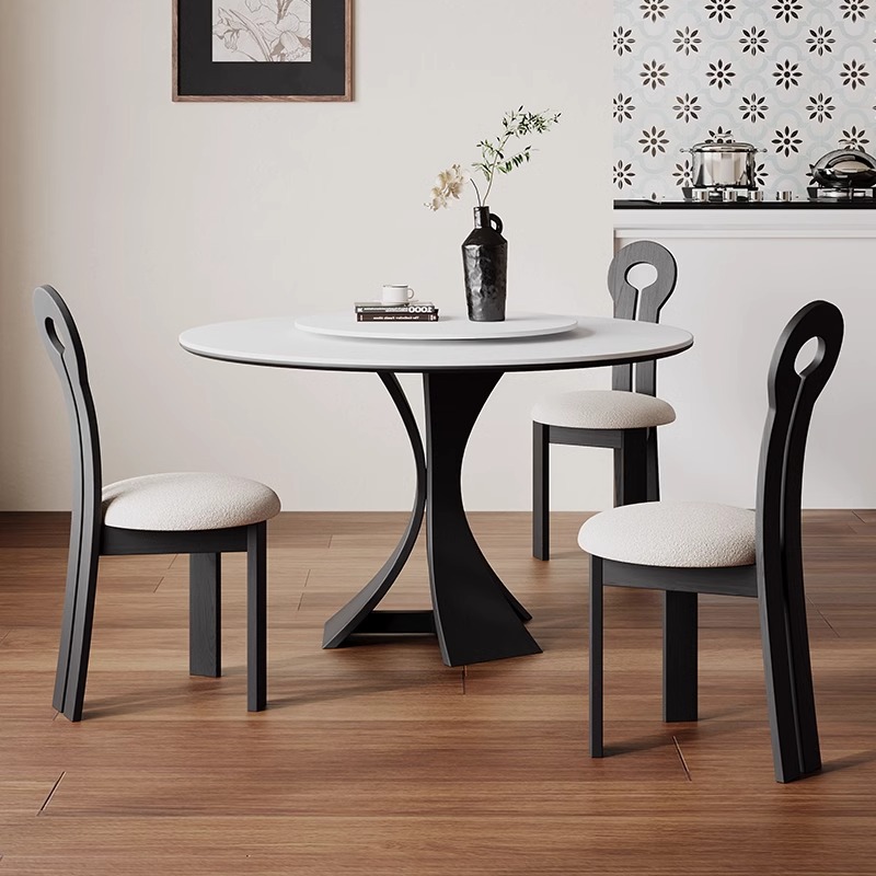 Mesa de comedor delgada redonda de madera maciza retro ligera francesa 2025 nueva placa de roca negra de gama alta crema estilo medio americano