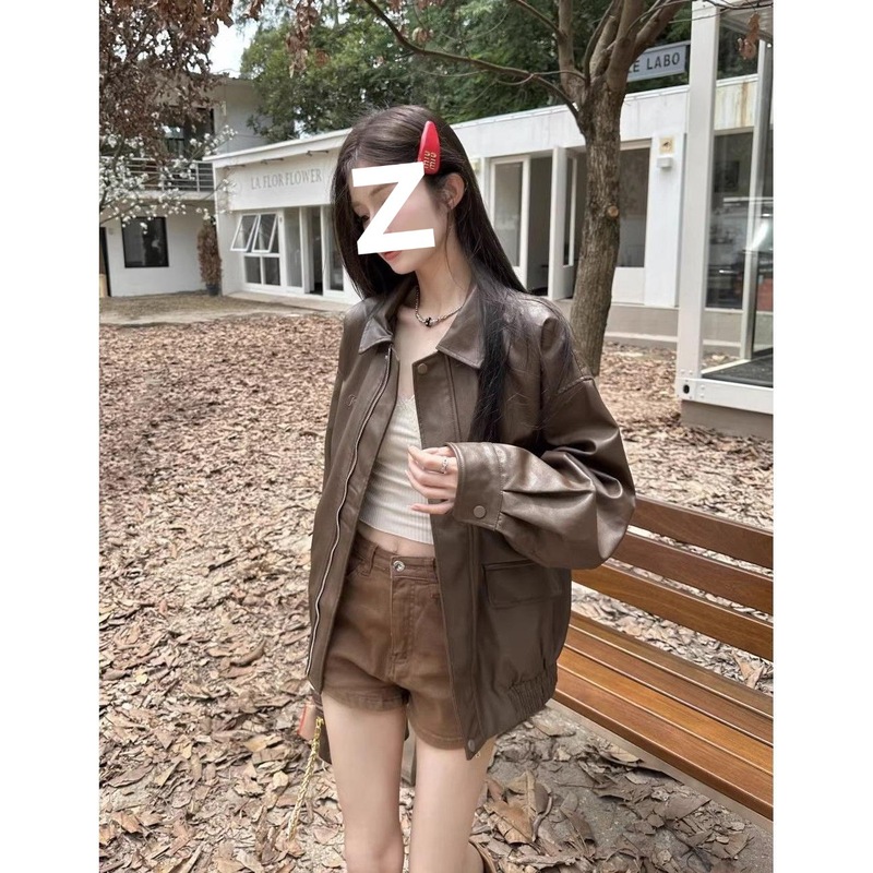 美式复古皮衣夹克外套女春秋季黑色甜酷风机车PU皮宽松修身长袖上|undefined