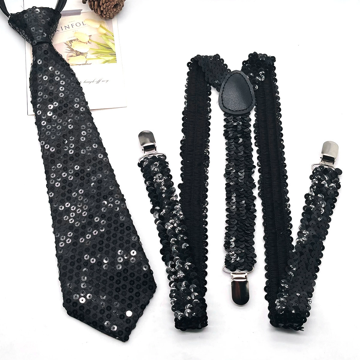 Men's nail sequins, suspenders, tie, set