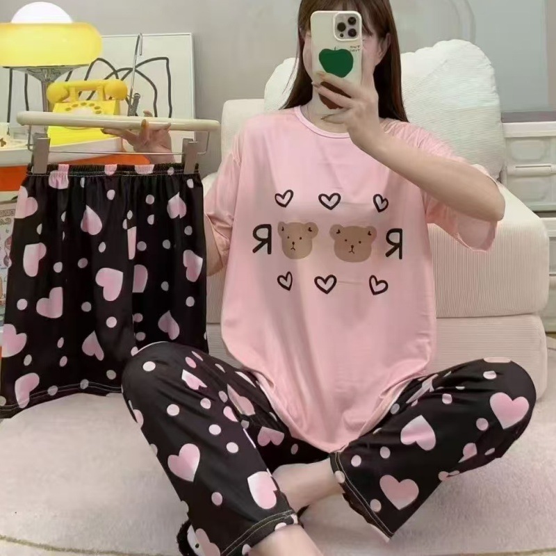 Pijamas de verano transfronterizos pijamas de leche de seda de tres piezas set de dibujos animados comercio exterior ropa para el hogar pantalones de mangas cortas lindos