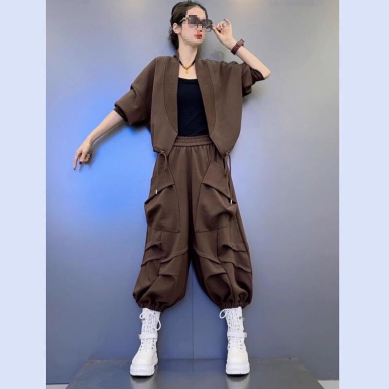 Plus-Size European Fashion Set Spring and Autumn New V-Neck Drawstring Short Jacket + Harem Lantern Cropped Pants Two-Piece Set Trendy