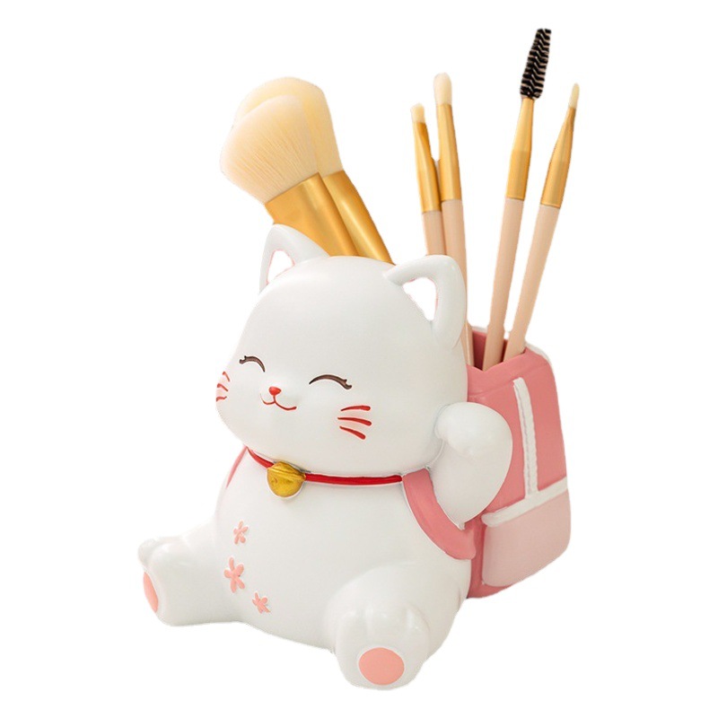 Flor de cerezo gato titular de la pluma decoración estudiante suministros de oficina escritorio decoración almacenamiento titular de la pluma regalo de los niños decoración de resina