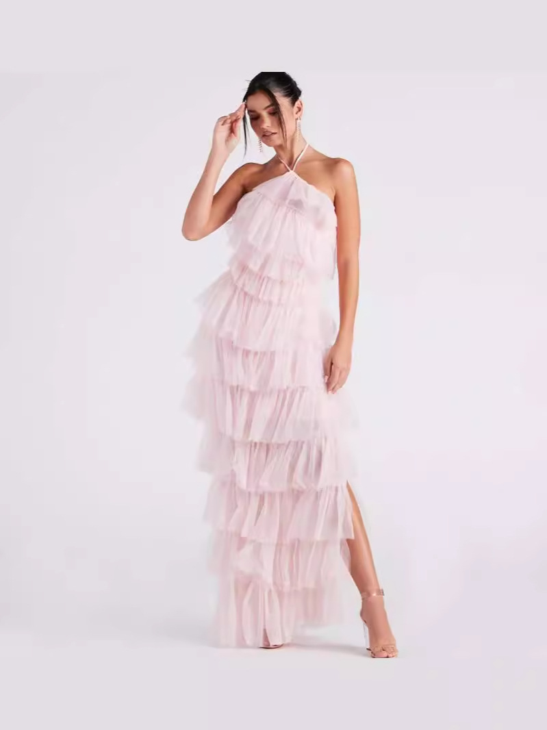 Ventas transfronterizas calientes nuevas mujeres europeas y americanas fiesta sexy vestido multicapa vestido colgante rosa vestido largo