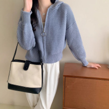 韩国chic学院风慵懒风宽松百搭拉链翻领毛衣外套女百搭针织开衫