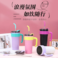 跨境美式316不鏽鋼保溫杯女生便攜吸管杯多巴胺有手柄咖啡杯批發