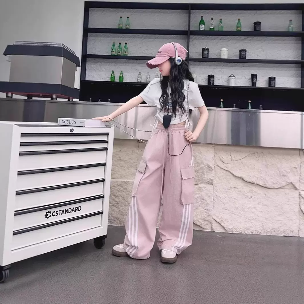 夏季女童套装2025新款夏装儿童多巴胺工装裤女大童爵士舞裤子服装