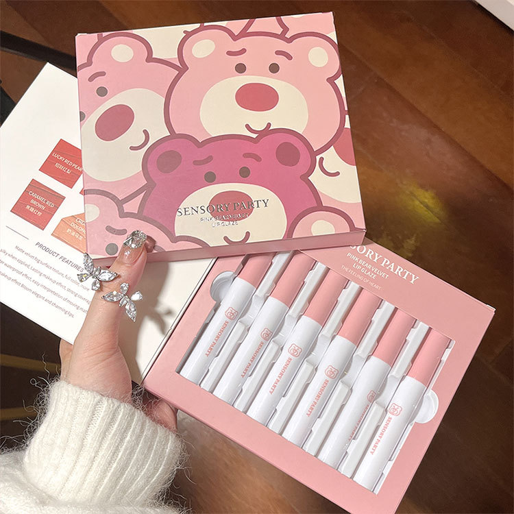 Sensory Party Pink Bear Velvet Lip Gloss Set with 6 colors to choose from. Matte Whitening Lip Gloss, live-streaming version, one-piece consignment details Picture