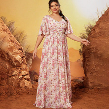 厂家直发连衣裙法式简约女夏时尚碎花人造棉轻薄胖中长款宽松裙子