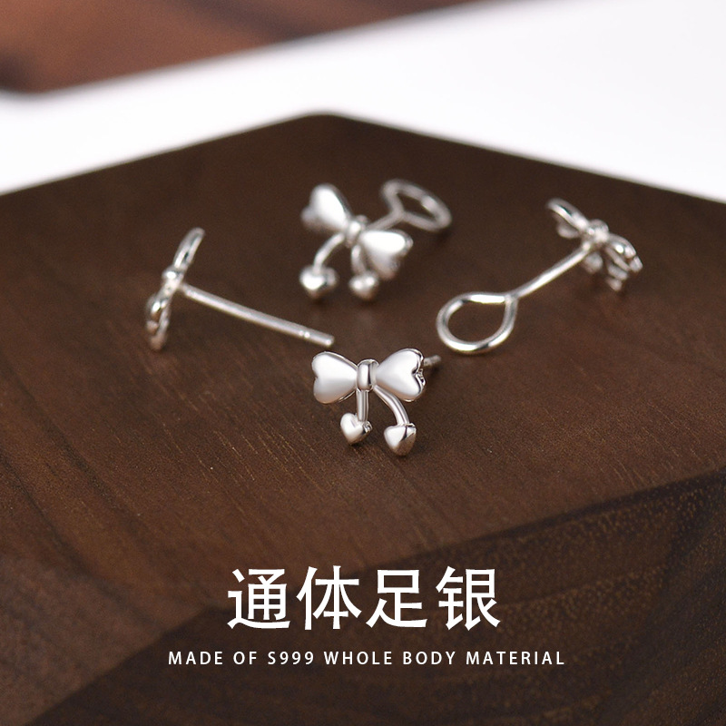 S999純銀可愛耳釘女小巧蝴蝶結耳鈎耳環小眾設計感養耳洞蝸耳飾