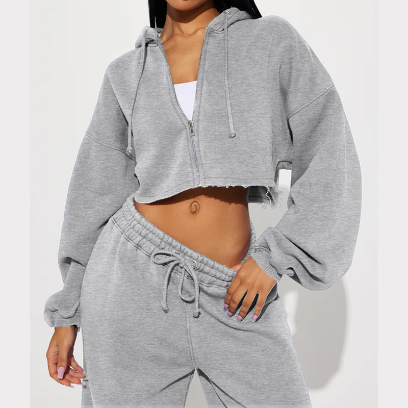 Vêtements pour femmes automne femmes décontracté à capuche devant zip pull jambe large pantalon ample costume_voghion.com