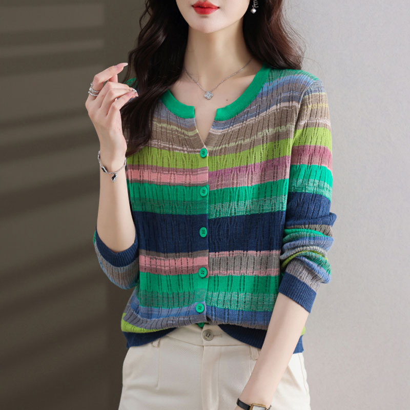 Hong9620 Rainbow Color-Block Striped Knit Sweater Spring and Autumn Korean Style Women's Commuter Wool Blend Cardigan Jacket