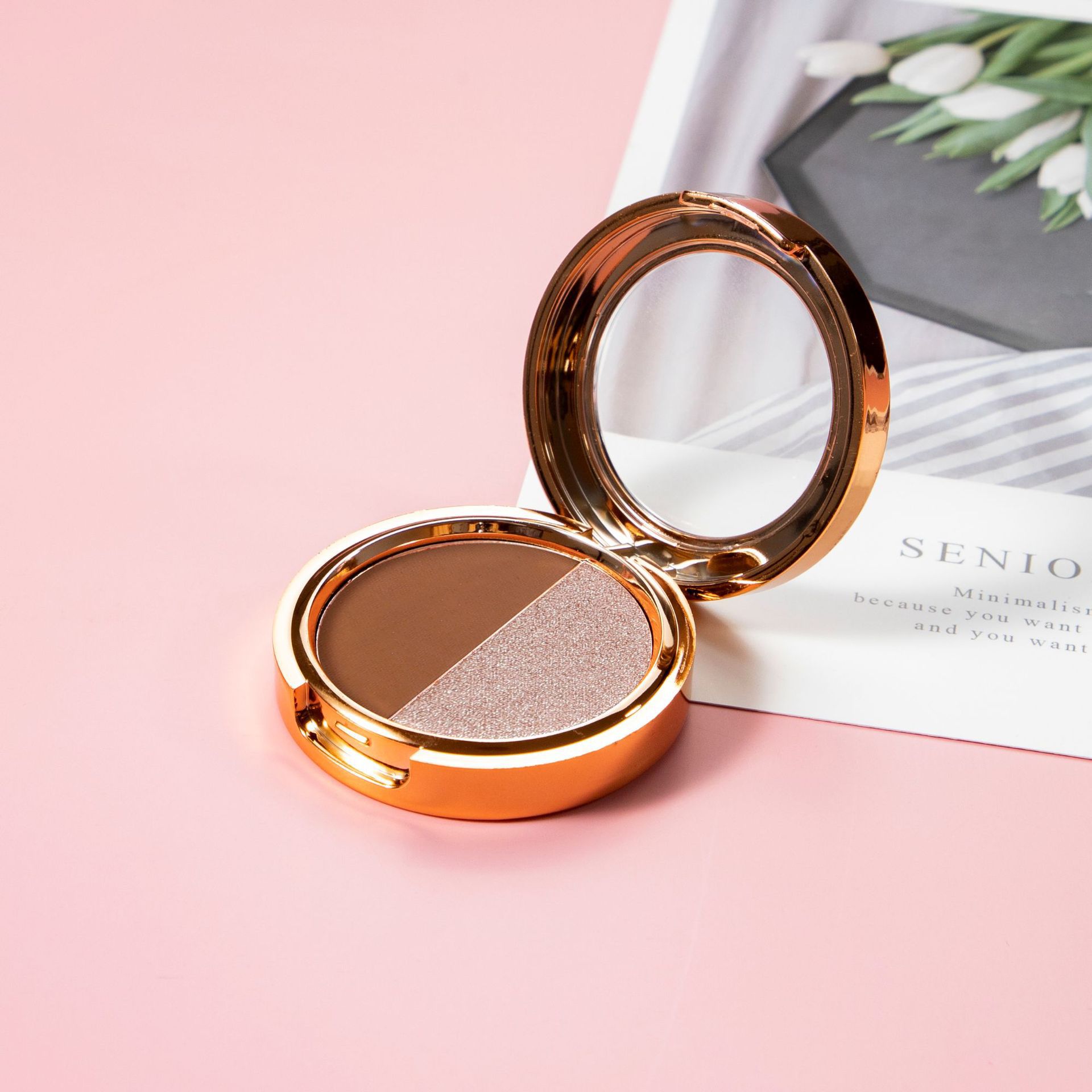 Maquillaje transfronterizo, sombra de ojos de dos colores, combinación de acabado nacarado en uno, paleta de sombras de ojos en polvo delicada y no voladora, multiusos