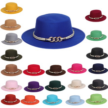 女士新款羊毛呢帽子秋冬时尚法式女平顶链条礼帽英伦复古风爵士帽