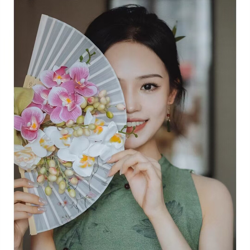 新中式新娘拍照道具蝴蝶兰折扇手捧花结婚古风婚礼迎亲晨袍扇子|undefined