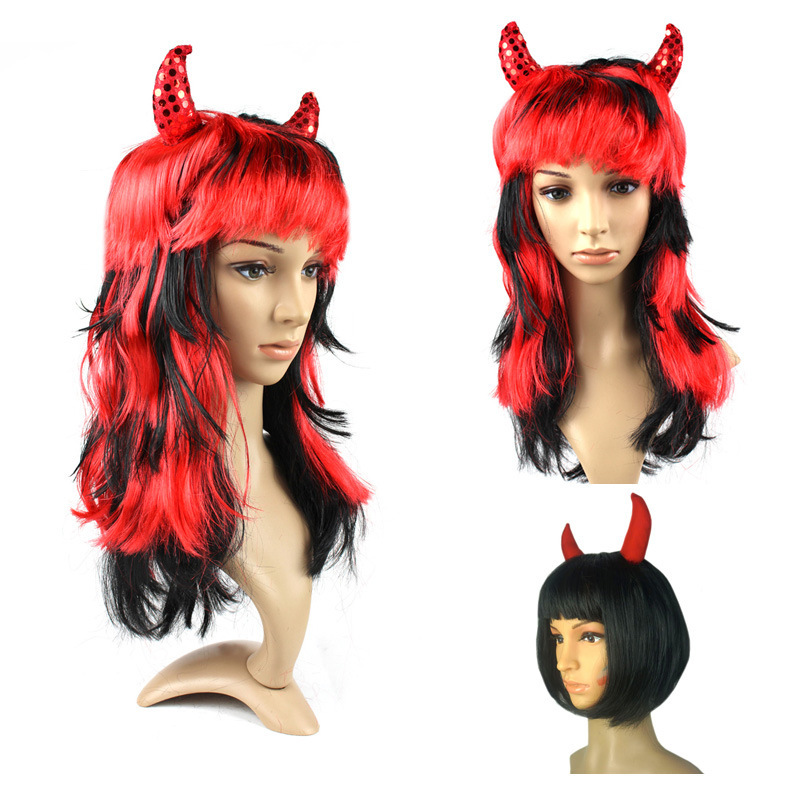 Red Horn Wig Cross-border Spot Ball Dress Props Funny Funny Headgear Red Black Hair Long Hair Wave Headwear