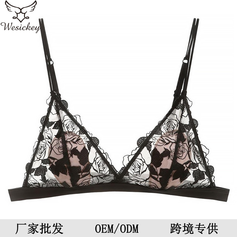 New French Triangle Cup Comfortable Wire-Free Underwear Rose Embroidered Lace Bra Thin Cotton Sexy Bra