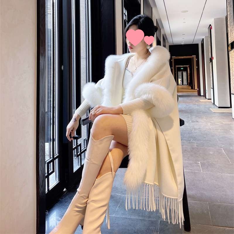 청삼 중장 모직 외투로 프린지 목도리 여자 흰목도리 판초코트 여자 가을 · 겨울 기모 두껍게