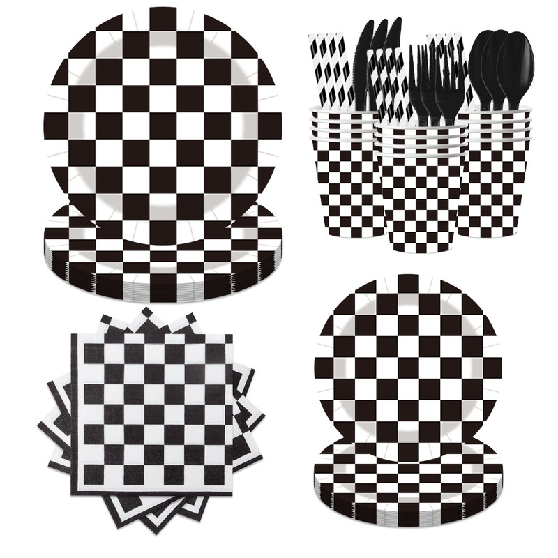 Racing-Themed Party Tableware Black and White Checkered Disposable Paper Plates Paper Cups Paper Napkins Party Decorations Wholesale Racing-Themed Party Tableware Black and White Checkered Disposable Paper Plates Paper Cups Paper Napkins Party Decorations Wholesale